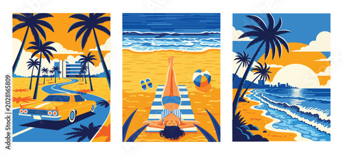 Foto Summer beach vacation vector posters set with retro car tropical palm trees ocea