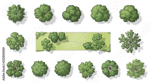 Set of green trees and landscaping elements for architectural garden site plan design