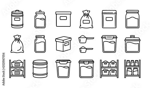 Fotografía Grain Container Line Icon Set with Flour Storage Canisters in Black and White