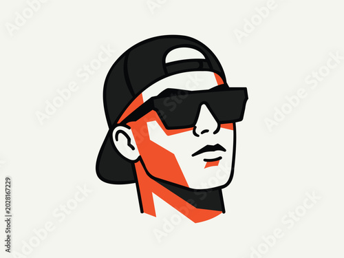 A stylized illustration of a man wearing a black baseball cap and sunglasses with red and black accents on his face