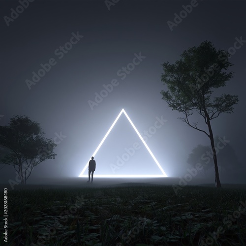 Light Triangle Stands in Fog While a Person Observes in the Dark Night