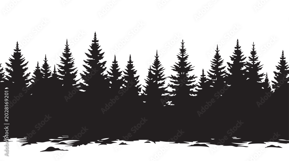 Obraz premium landscape with black silhouettes of trees and hills, trees silhouettes set. Black pine woods 