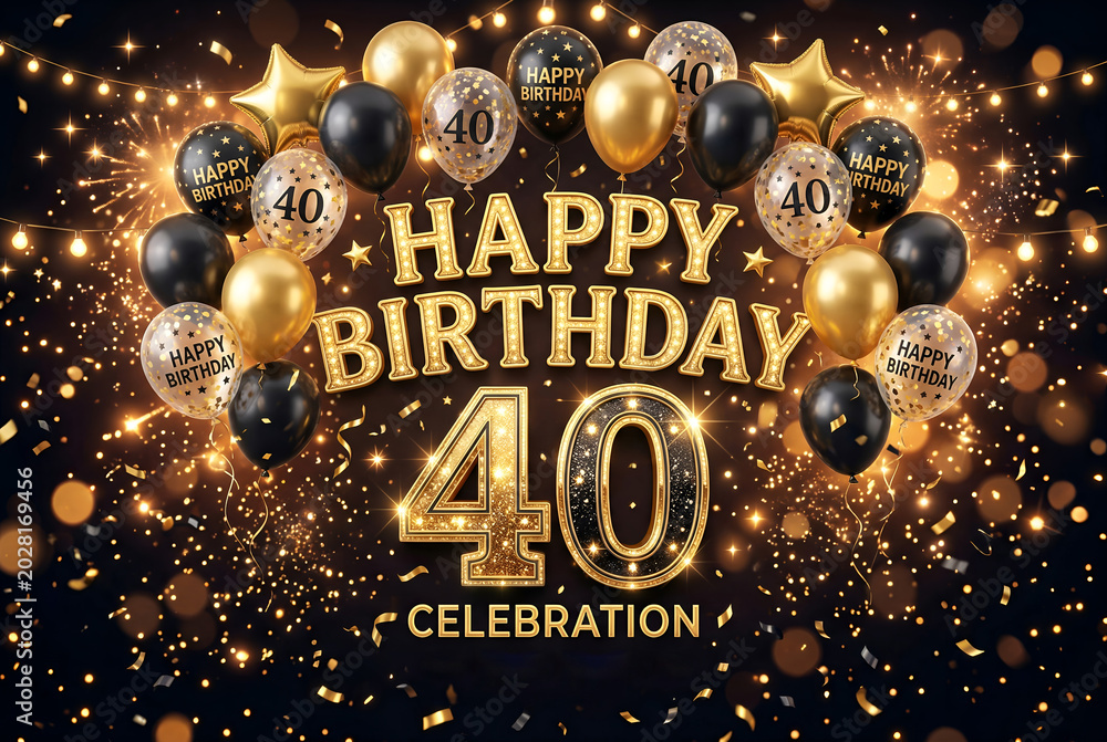 Obraz premium Happy birthday celebration with balloons and fireworks for 40th anniversary