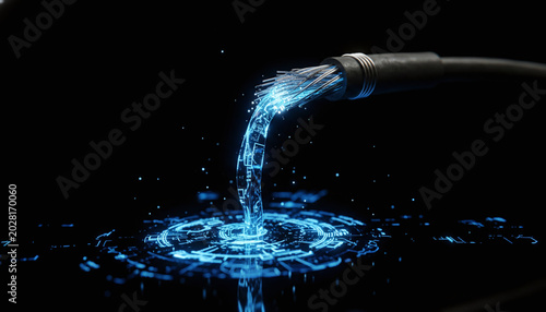 Severed fiber optic cable leaking glowing digital data breach concept