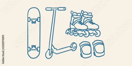 Trendy outdoor activity doodle set vector illustration with skateboard roller skates and scooter elements