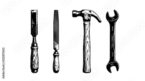 Tools set with chisel, file, hammer, and wrench in black and white illustration featuring woodworking, metalworking, construction with repair and DIY