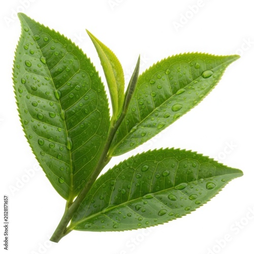 Vibrant green tea leaves glistening with fresh water droplets isolated on white