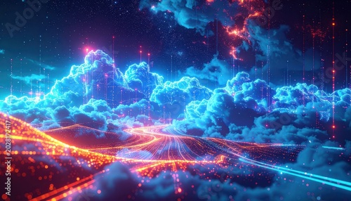 A vibrant, abstract landscape featuring glowing blue clouds and a winding path of red and orange light against a deep blue starry sky, creating a surreal and futuristic atmosphere.