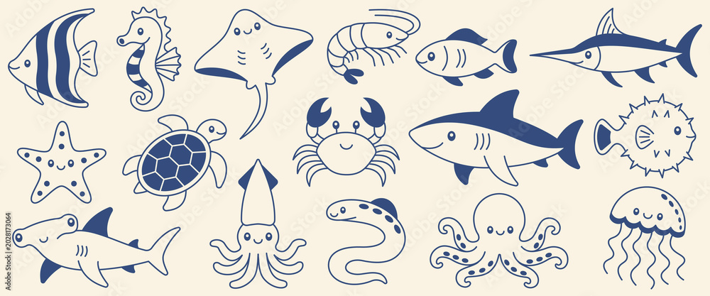 Obraz premium Mediterranean style navy blue sea animals illustration set on cream background, marine life icon collection with shark, turtle, crab, octopus, jellyfish, fish, seahorse and stingray