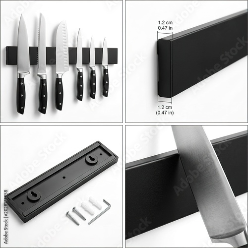 Premium Black Magnetic Knife Holder Strip Wall-Mounted, 6 Knives Hardware Space-Saving Kitchen