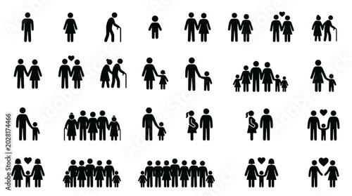 Diverse family icon set black silhouette illustrations of people couples and groups