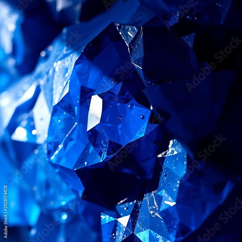 Cobalt facets tessellate in extreme close-up, highlighting the crystalline structure of an abstract blue domain,  illusion,  digital art