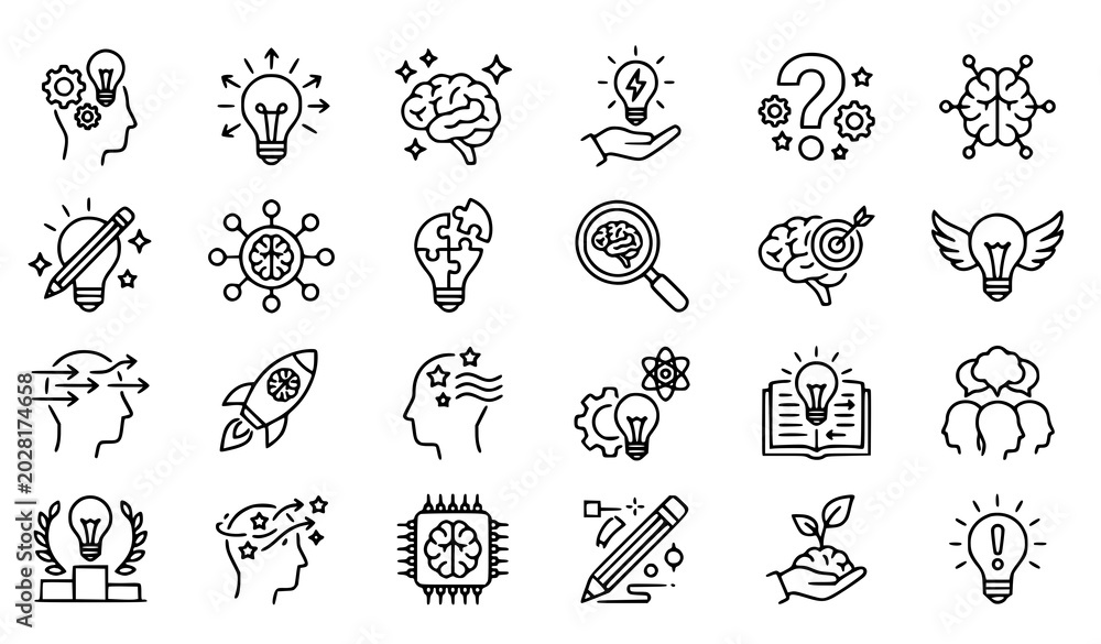 Obraz premium Brainstorm icon vector set with creativity thinking and innovation symbols isolated