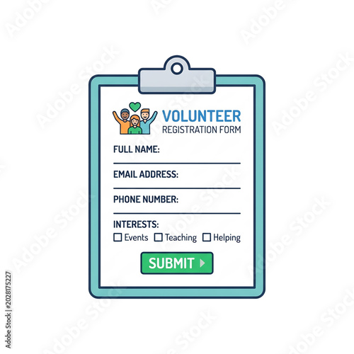 Volunteer registration form on clipboard with input fields and submit button illustration.