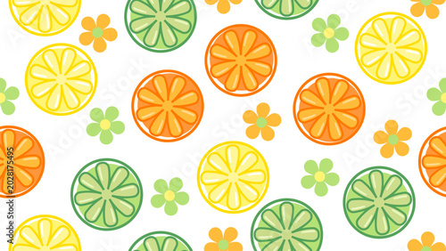 Bild auf Leinwand Citrus fruit slices and floral shapes pattern in orange yellow and green, cheerf