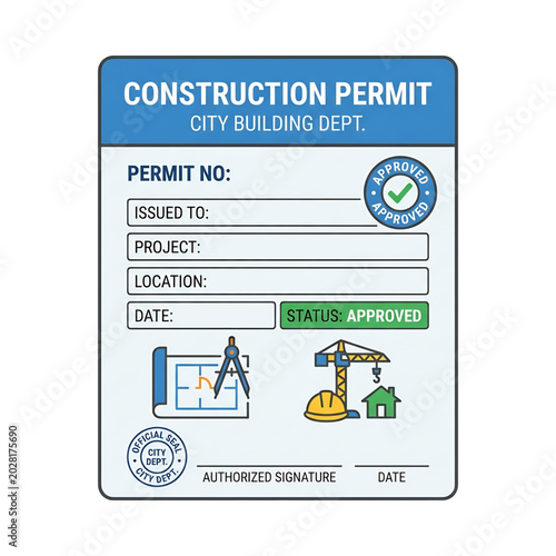 Construction permit document approved for building project and city development.

