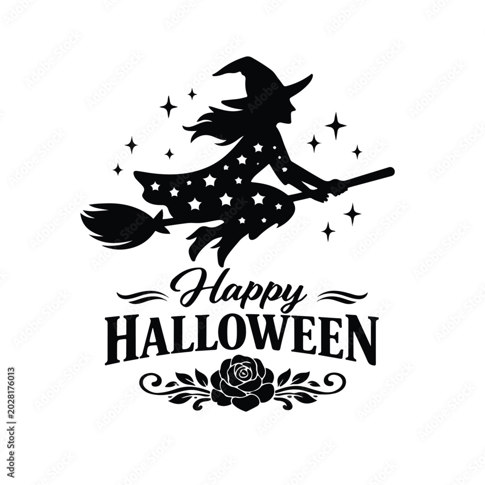 Fototapeta premium Happy halloween witch flying on broomstick with stars and rose vector art