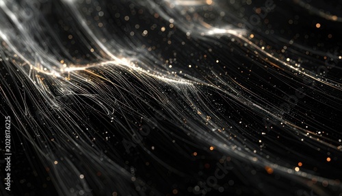 An abstract composition of luminous lines and particles creates a dynamic and ethereal visual experience against a dark background.