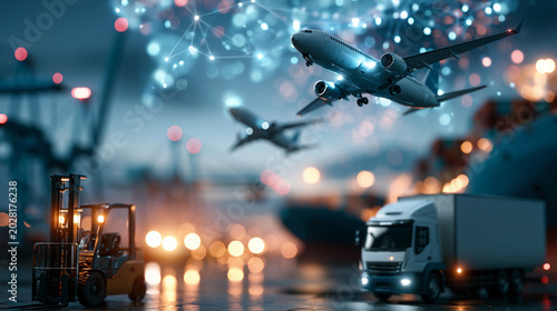 Wide logistics composite image featuring cargo cranes, a forklift, blue sky, a freight airplane, a container ship, and a delivery truck, all symbolizing the full spectrum of import and