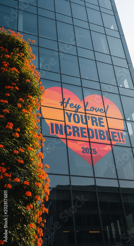Glass building facade with a large heart decal saying 