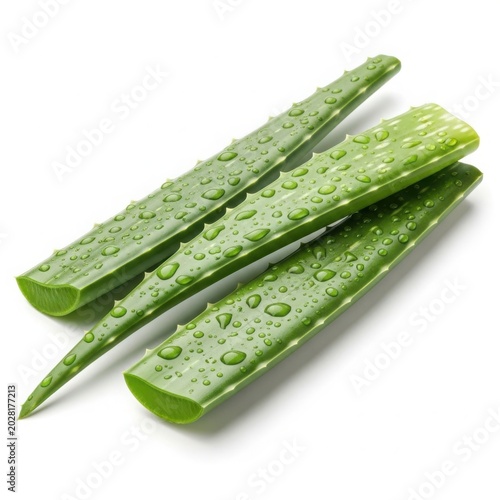 Three fresh vibrant aloe vera leaves covered with refreshing water drops on white