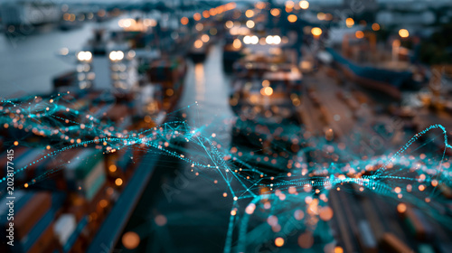 Aerial drone view of a busy commercial ship port with a digital smart logistics route overlay, satellite data layers and shipment tracking lines visible as a concept for intelligent freight