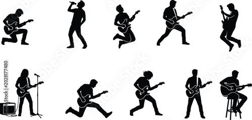 Cuadro en lienzo Rock Musician Silhouette Collection Featuring Guitar Players and Singers Perform