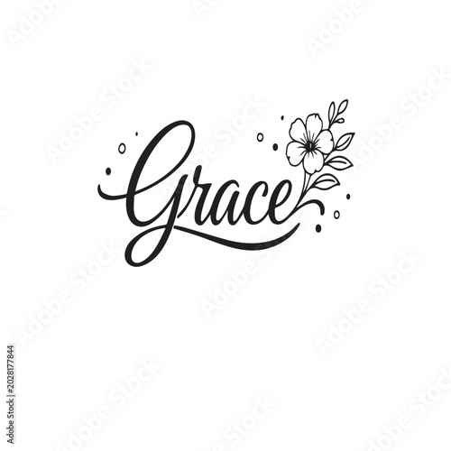 Grace text with flower and leaves vector illustration black and white feminine