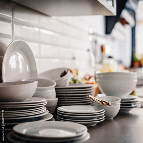 Stacked Dishes on a Kitchen Counter After a Meal in a Modern Home Setting