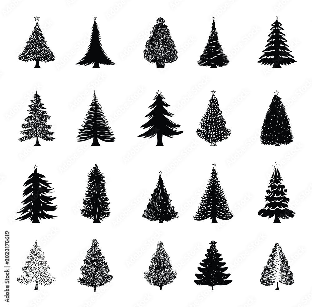 Obraz premium Pine and Fir Tree Icons Set – Black Woodland Vector Collection