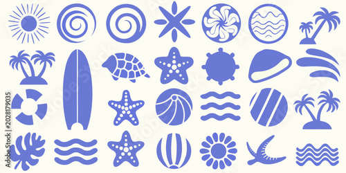 Obraz na płótnie Blue beach themed vector illustrations collection with sun waves palm trees and