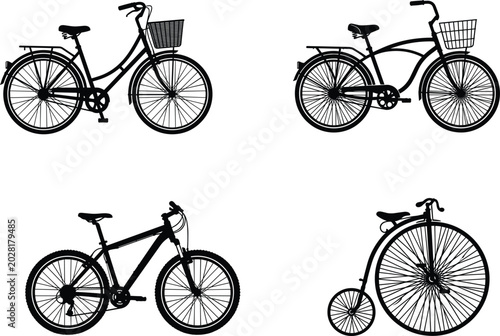 Foto Vintage and Modern Bicycle Silhouettes Collection Featuring City Bikes Mountain