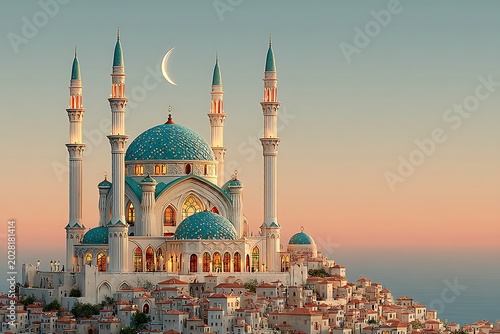 Majestic Mosque on Hilltop at Sunset Islamic Architecture with Moon, and Dreamy View.