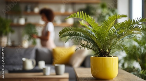 36.Detailed closeup of female gardener with tropical Cycas plant, vibrant yellow planter, modern living room filled with greenery, calm and nurturing mood