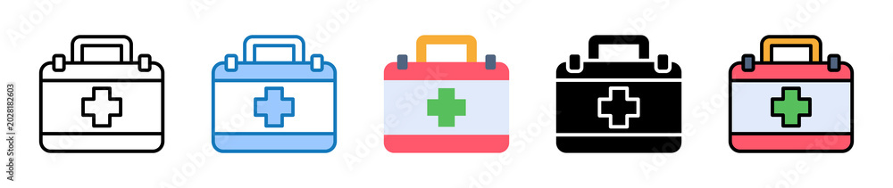 Fototapeta premium First Aid Kit multiple style icons set design vector illustration. 