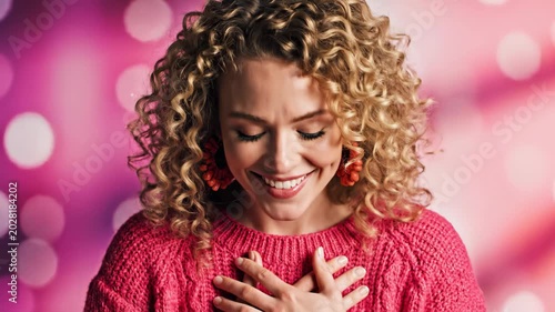 Smiling young woman with curly hair showing gratitude on pink bokeh