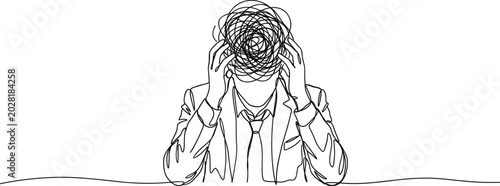 Bild auf Leinwand Continuous line drawing of a stressed businessman holding his head