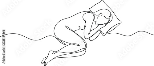 Foto Continuous line drawing of a person sleeping in fetal position on a pillow