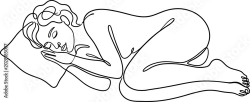 Fotografie Minimalist continuous line drawing of a woman sleeping peacefully on a pillow in fetal position