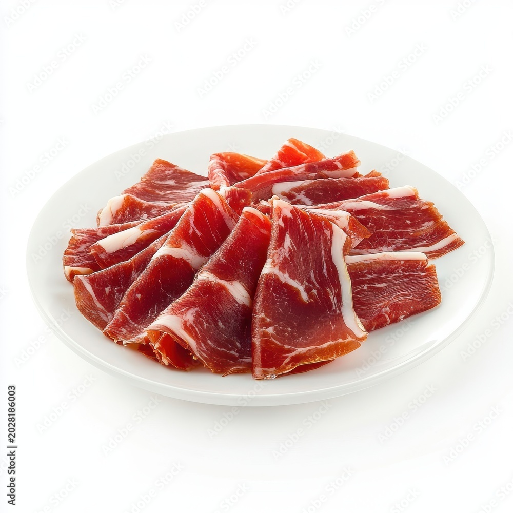 Fototapeta premium Thinly sliced Spanish Iberico ham isolated on white background