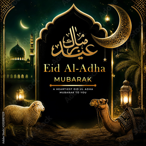 Luxury Eid ul Adha Mubarak Greeting Social Media Template, Eid al Adha, Elegant design, Festival of sacrifice, Happy Eid Ul Adha poster,Arabic Islamic calligraphy of text Eid Adha Mubarak