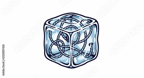 A tangled rope is encased in a transparent ice cube with a dark outline