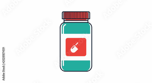 A teal and white jar with a red cap, featuring a small red square with a white scoop icon on its label