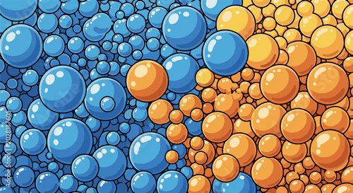 A textured backdrop of various sized blue and orange spheres, appearing as a bubbly, pixelated mosaic