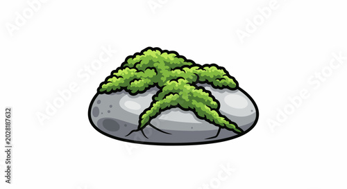 A textured grey rock is covered with bright green moss in a stylized, illustrative manner