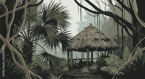 A thatched hut stands nestled within a dense, misty jungle, surrounded by lush palms and vines