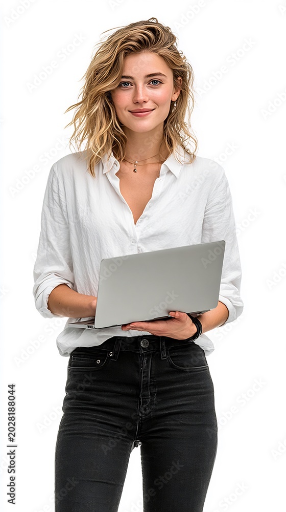 Fototapeta premium Businesswoman holding a portable computer stands against a white background to represent professional productivity, creative focus, and modern corporate work styles in a clean and minimal studio.