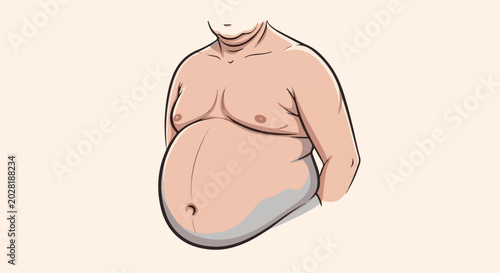 A stylized illustration shows the torso of a person with a large, rounded stomach