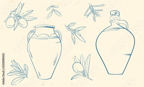 Εκτύπωση καμβά A simple, trendy, and minimalist set of vector images of clay jugs and olive branches