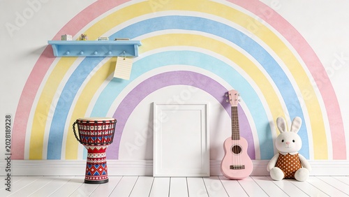 depicts a colorful and playful children's room with a pastel rainbow mural on the wall. The layout includes a white floor and a wall adorned with wide, arching stripes in soft pink, yellow, blue, and 
